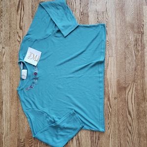 (2X) NWT Image Stretchy Floral Embroidered Collar Casual Shirt Comfortable Soft